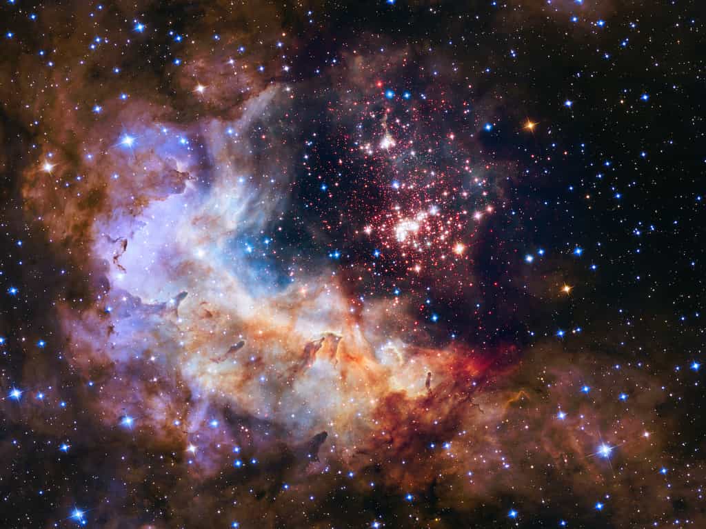 Cette image a été publiée pour fêter les 25 ans du télescope spatial Hubble. On y découvre l’amas de Westerlund 2 que des chercheurs de l’université du Maryland (États-Unis) viennent d’éclairer d’une nouvelle lumière. © NASA, ESA, the Hubble Heritage Team (STScI/AURA), A. Nota (ESA/STScI), and the Westerlund 2 Science Team
