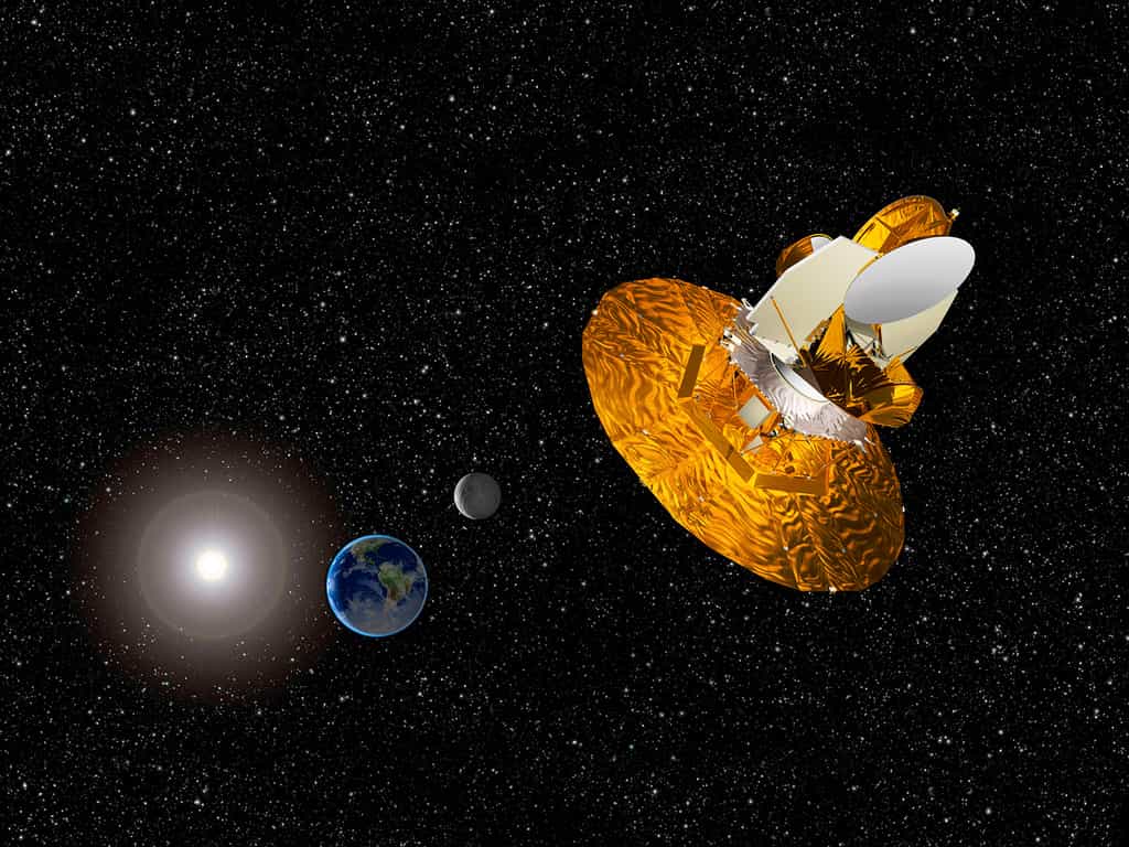 Une vue d'artiste de la sonde WMap. Elle a effectué ses observations à partir du point de Lagrange L2 du système Terre-Soleil. © Nasa,&nbsp;WMap Science Team 