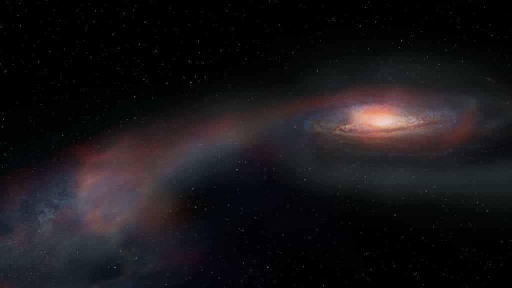 Les scientifiques observant la galaxie SDSS J1448 + 1010 ont découvert que la majeure partie de son carburant de formation d'étoiles avait été éjectée lors de sa fusion avec une autre galaxie. Ce gaz ne forme pas de nouvelles étoiles mais reste à proximité dans de nouvelles structures appelées queues de marée. Cette vue d'artiste montre le flux de gaz et d'étoiles qui ont été projetés loin de la galaxie massive lors de la fusion.&nbsp;© Alma&nbsp;(ESO/NAOJ/NRAO), S. Dagnello (NRAO/AUI/NSF)