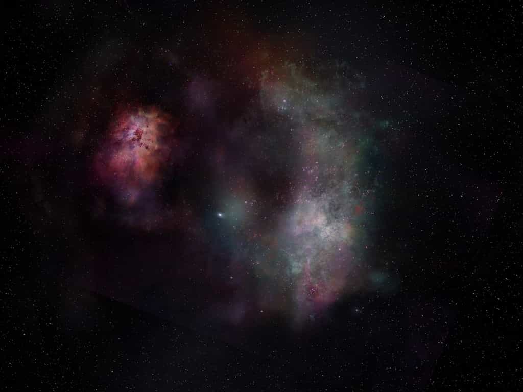 Cette vue d'artiste montre le rayonnement continu de la poussière et les raies moléculaires du monoxyde de carbone et de l'eau observées dans la paire de galaxies connue sous le nom de SPT0311-58. © : Alma (ESO/NAOJ/NRAO)/S. Dagnello (NRAO)