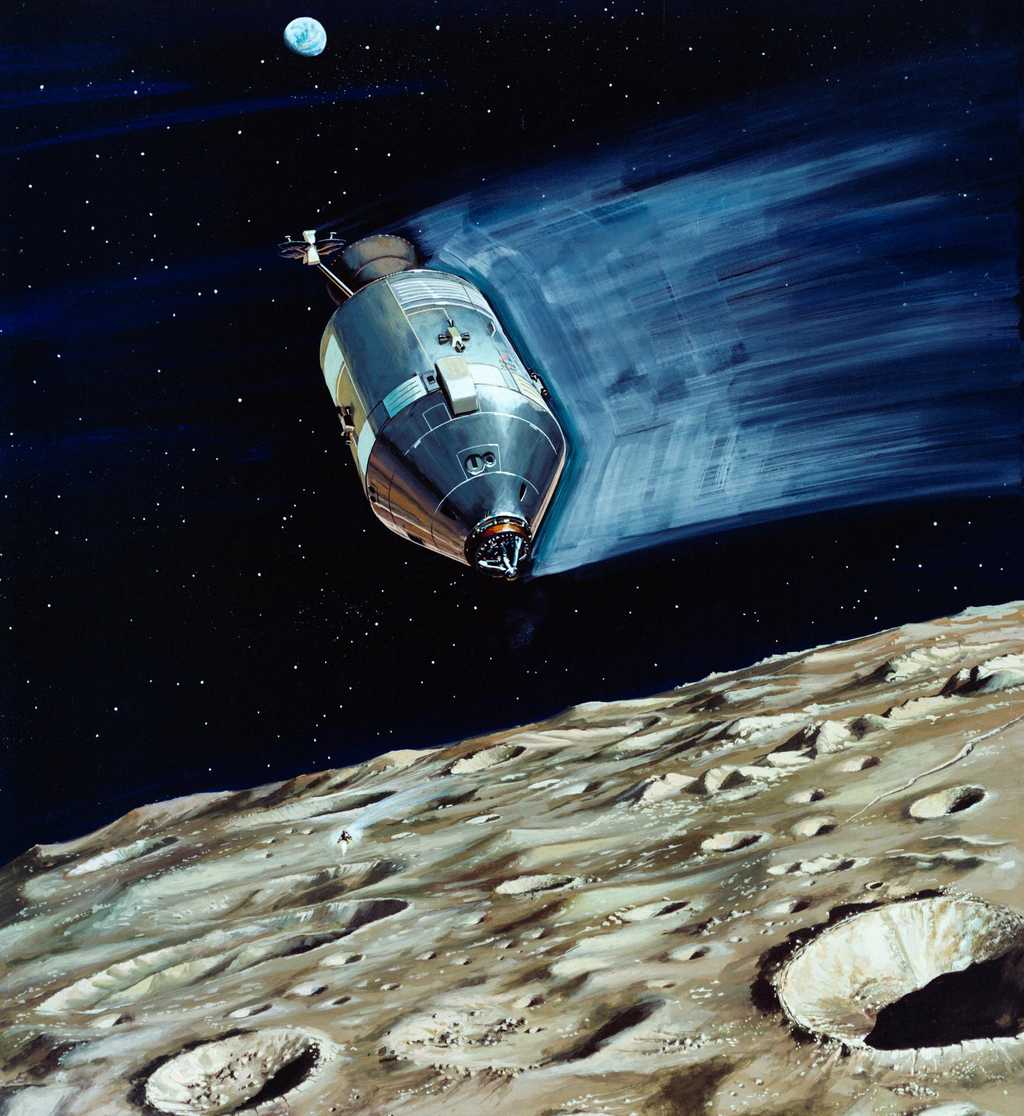 Vue d’artiste du module de commande et de service de la mission Apollo 13 (1970) restant en orbite autour de la Lune tandis que le module lunaire effectue sa descente vers la surface. © Nasa