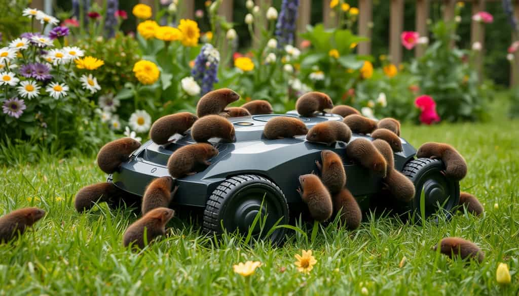 Dans cette scène imaginaire, un robot tondeuse est attaqué par une petite armée de taupes. © D. Ichbiah avec Flux de Black Forrest Labs (image générée avec IA)