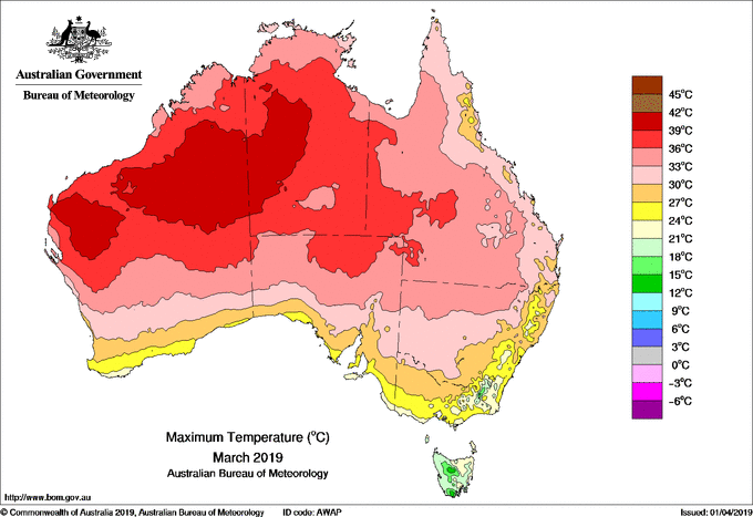 Le mois de mars 2019 s'est classé comme mois de mars le plus chaud jamais enregistré en Australie. L'île-continent a connu ainsi quatre records de chaleur mensuels à la suite. . © Commonwealth of Australia 2019, Australian Bureau of Meteorology