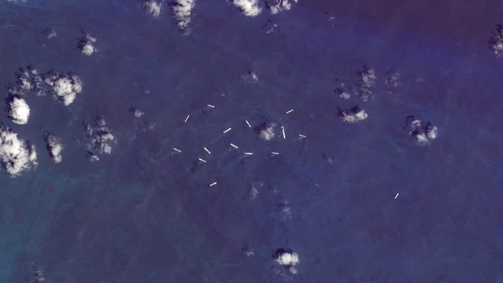 Un groupe de 15 paquebots de croisière au large de Coco Cay, l'île privée de Royal Caribbean. © 2020 Planet Labs, Inc