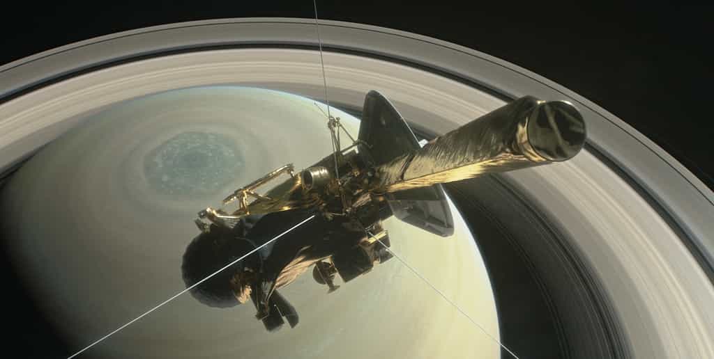 Pourquoi le champ magnétique de Saturne est-il si étrange ? Ici, une vue d'artiste de la mission Cassini avant son plongeon final dans Saturne. © Nasa, JPL-Caltech