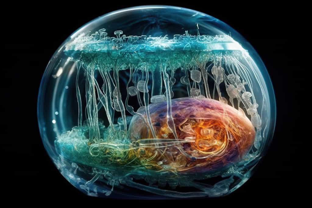 Le cytoplasme est le milieu principalement aqueux de la cellule eucaryote. Il est délimité par la membrane plasmique et renferme le noyau et tous les organites intracellulaires. © Illustration de Irina Batyuk, générée par IA, Adobe Stock