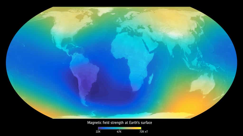 On pense que notre champ magnétique est produit en grande partie par un océan de fer liquide surchauffé et tourbillonnant qui constitue le noyau externe à 3 000 kilomètres&nbsp;sous nos pieds.© DTU, ESA