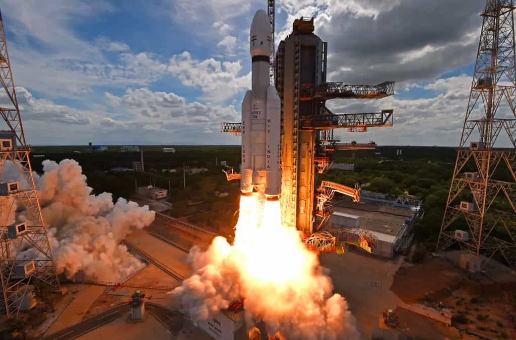 Lancement de la sonde Chandrayaan 3 qui a permis à l'Inde de devenir la quatrième nation à se poser sur la Lune, après la Russie, les États-Unis, et la Chine. © ISRO