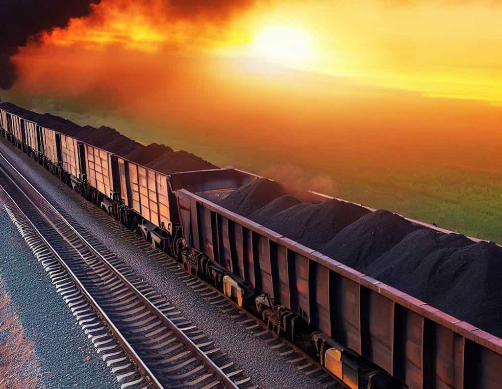 Aux États-Unis, le charbon est convoyé dans des wagons à toit ouvert. © Sylvain Biget, Bing Image Creator