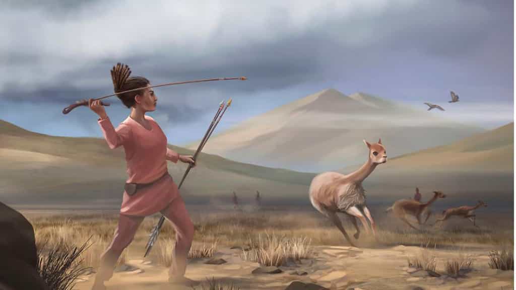 Vue d'artiste d'une jeune femme chassant il y a 9.000 ans, au Pérou. © Matthew Verdolivo, UC Davis IET Academic Technology Services