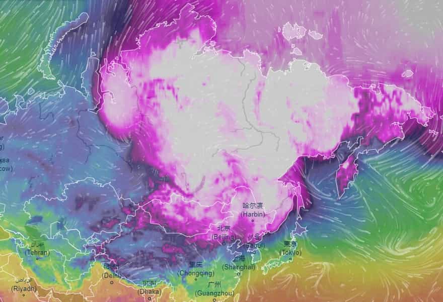 La masse d'air froid, qui était positionnée sur la Sibérie depuis plusieurs semaines, s'étale maintenant sur le nord de l'Asie. © Ventusky