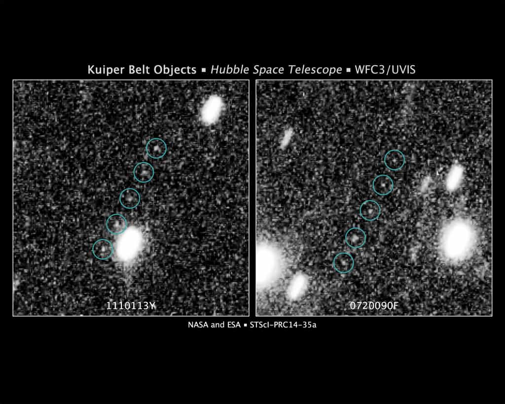 Deux nouveaux objets de la Ceinture de Kuiper découverts par Hubble. Seule une étude plus précise des caractéristiques de leurs orbites en fera ou pas une destination pour New Horizons après son passage près de Pluton. © Nasa, Esa, SwRI, JHU/APL &amp;, New Horizons KBO Search Team