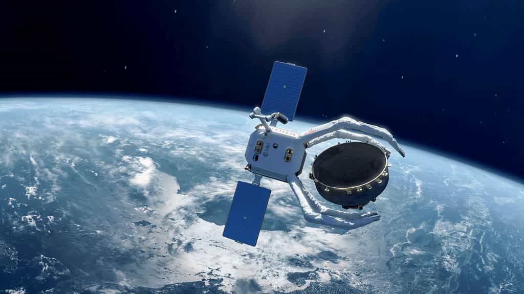 Clear-Space 1 en train de saisir avec sa pince géante un débris spatial. Cette mission s'inscrit dans le cadre du projet Adrios (Active Debris Removal/In-Orbit Servicing) du programme de Sécurité spatiale de l'ESA. © ClearSpace