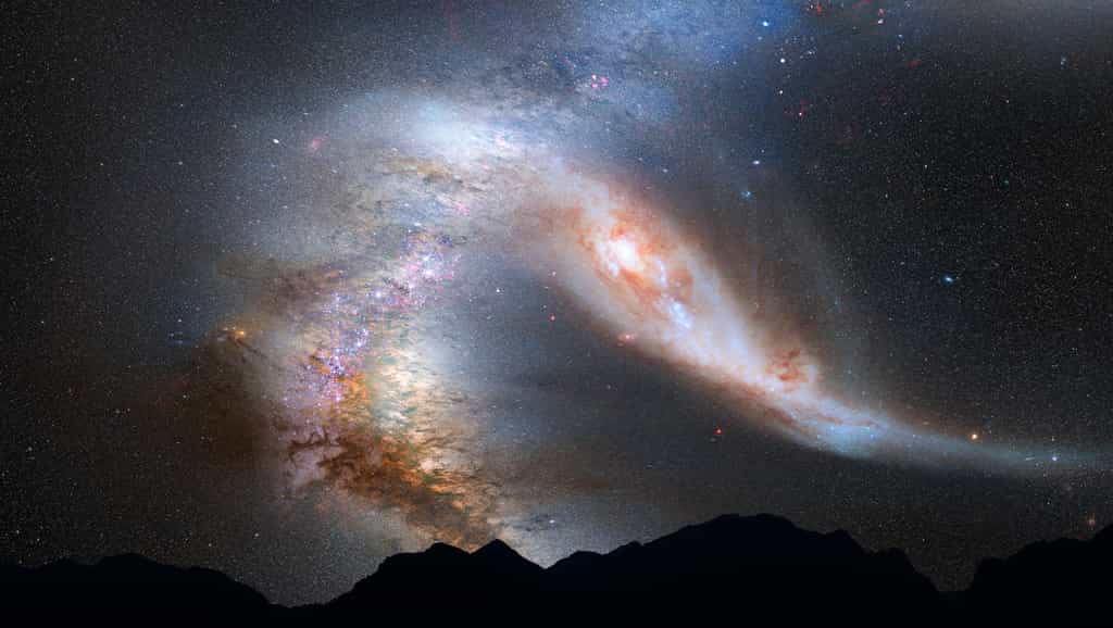 Illustration de la collision entre la Voie lactée et sa grande rivale Andromède, vue de la Terre (ce qu'il en restera) dans 4 milliards d'années. © Nasa