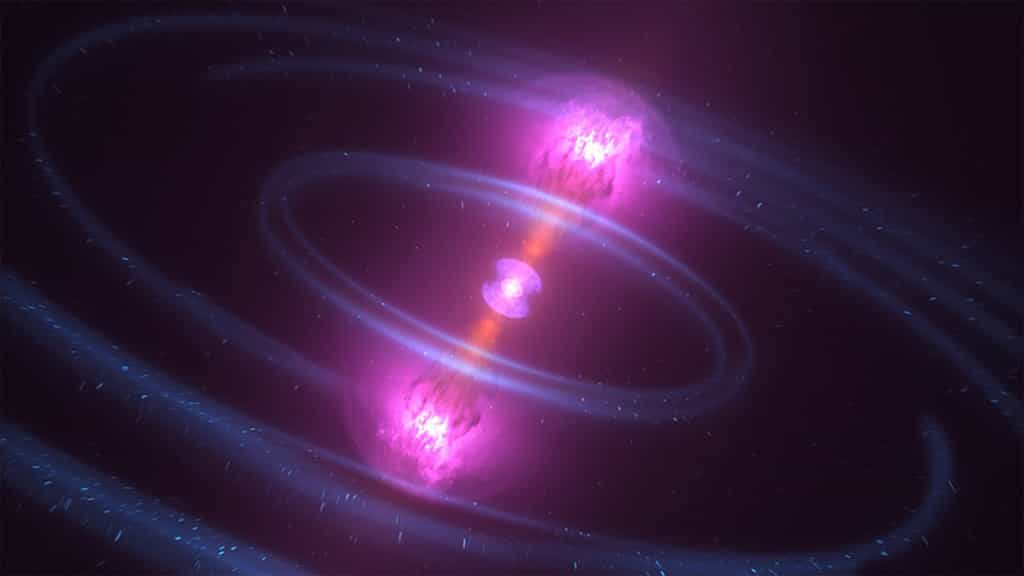 Vue d'artiste d'une collision d'étoiles à neutron générant des ondes gravitationnelles. © Nasa, Centre spatial Goddard