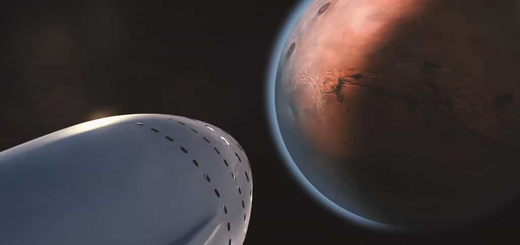 Elon Musk part à la conquête de Mars. Il a livré les détails de son projet de colonisation. Ici, image extraite de la vidéo présentée par Elon Musk : une navette et son équipage de 100 personnes sont en vue de la Planète rouge. © SpaceX