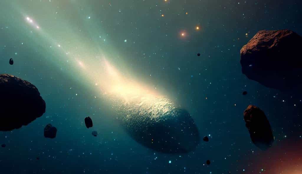 Image d'une comète parmi les astéroïdes générée par une IA. © X. Demeersman, Bing Image Creator