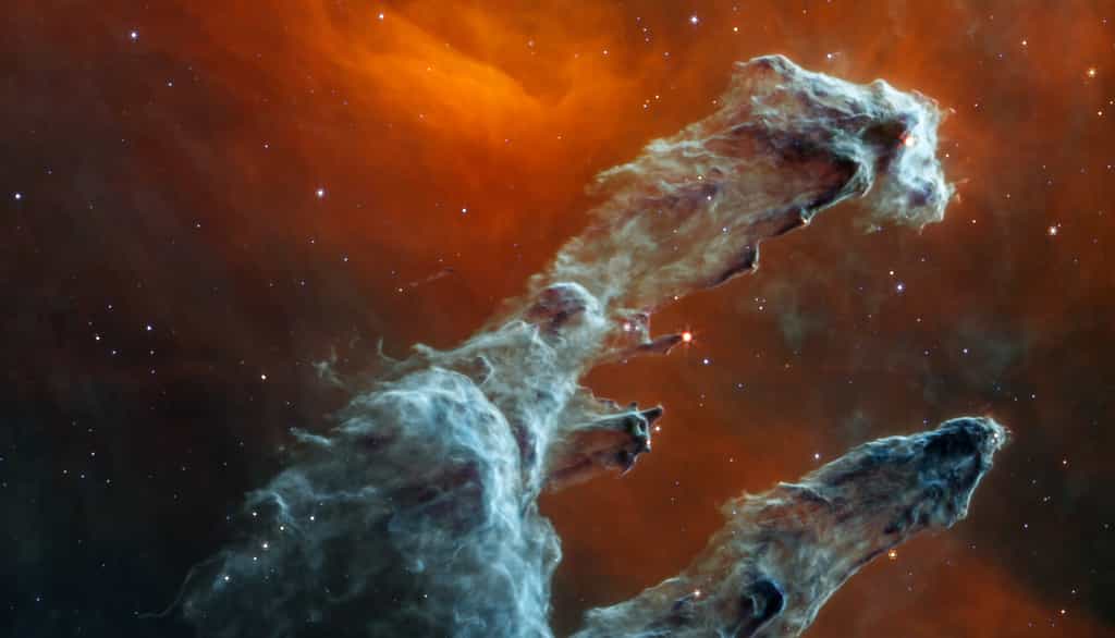 Détail des célèbres « Piliers de la Création » au sein de la nébuleuse de l'Aigle à travers la caméra Miri du télescope spatial James-Webb. © Nasa, ESA, CSA, STScI, J. DePasquale (STScI), A. Pagan (STScI)