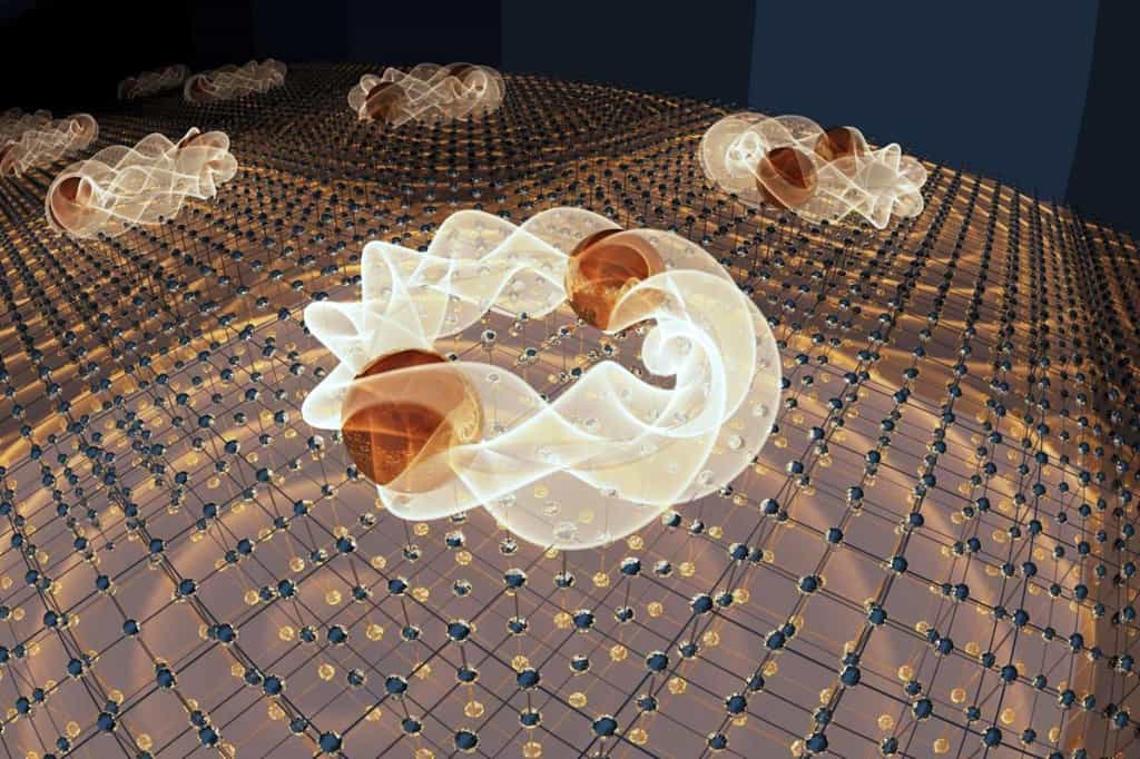 Une vision d'artiste des nouvelles paires de Cooper découvertes dans un semimétal. Elles se comportent comme si les deux électrons étaient en orbite autour d'un noyau d'atome et avaient donc un moment cinétique 3/2. © Emily Edwards, University of Maryland