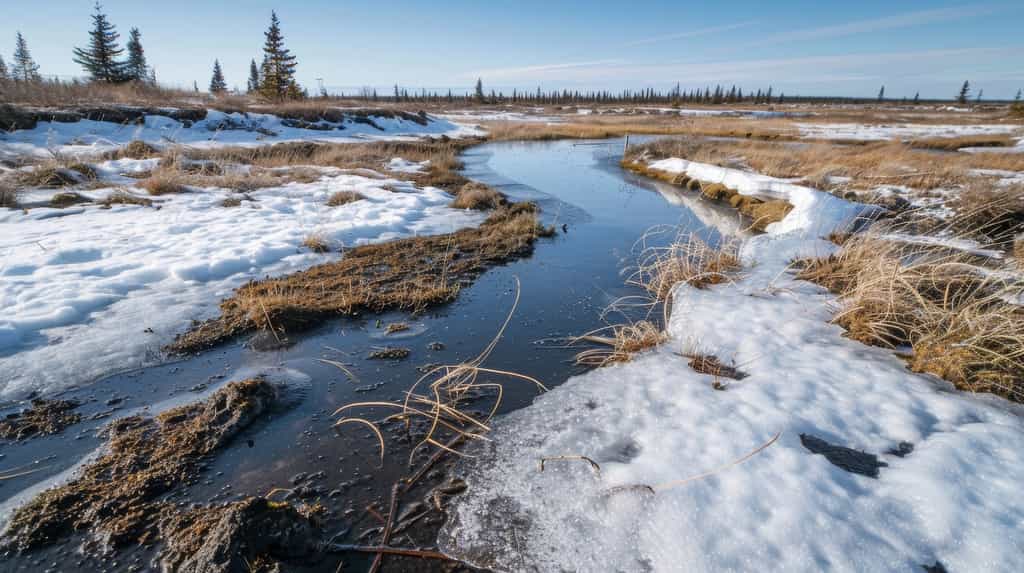 La fonte du permafrost en raison du réchauffement climatique nous fait entrer dans un inquiétant cercle vicieux. © Justlight, Adobe Stock (image générée avec IA)