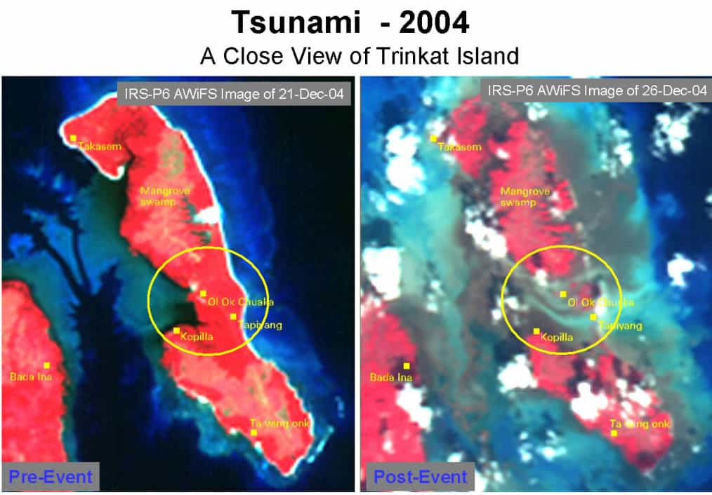 Vue rapprochée des îles Trinkat : avant et après