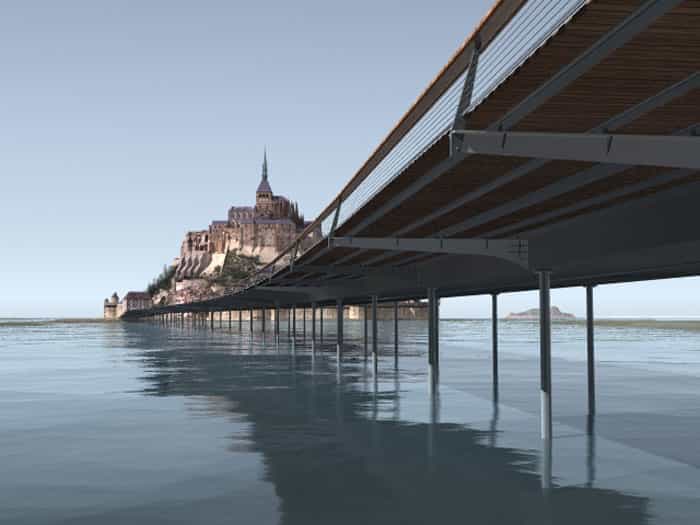 Image virtuelle du pont-passerelle du Mont-Saint-Michel et ses pilotis