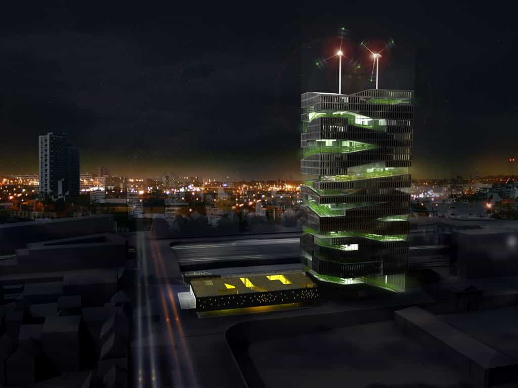La Tour vivante, une ferme urbaine verticale, vue de nuit