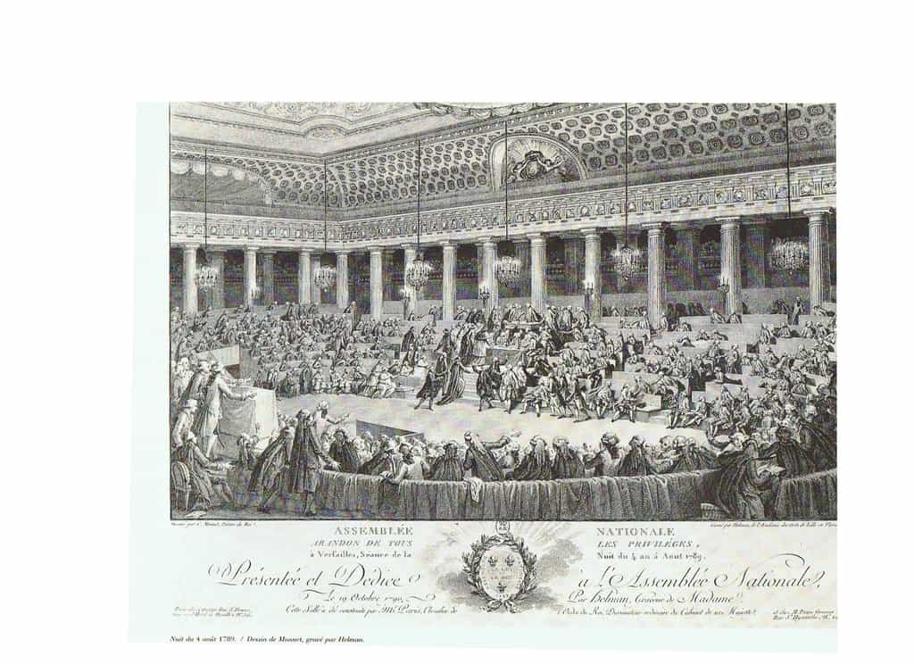 Durant la nuit du 4 août 1789, les députés de l'Assemblée Constituante ont voté l'abolition des privilèges et droits féodaux. Dessin de Monnet gravé par Helman. © Musée de la Révolution française, Vizil (Isère), Wikimedias Commons