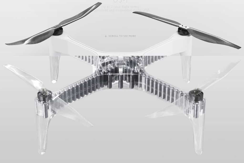 Une vue par transparence de l’intérieur du châssis du drone US-1 qui renferme des dizaines de batteries lithium-ion. © Impossible Aerospace

