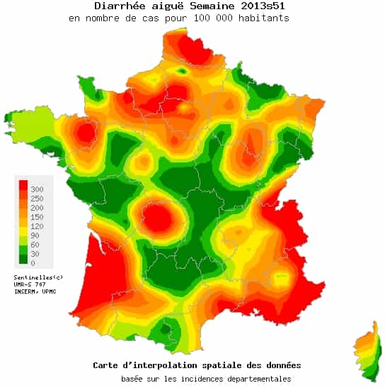 Carte montrant les estimations du nombre de diarrhées aiguës pour 100.000 habitants au cours de la semaine 51 de l’année 2013 (du 16 au 22 décembre) en France métropolitaine. La graduation des couleurs va du vert foncé (0 cas) au rouge vif (300 cas pour 100.000 habitants). Le seuil épidémique est quant à lui de 276 cas pour 100.000 habitants. © Bulletin du réseau Sentinelles