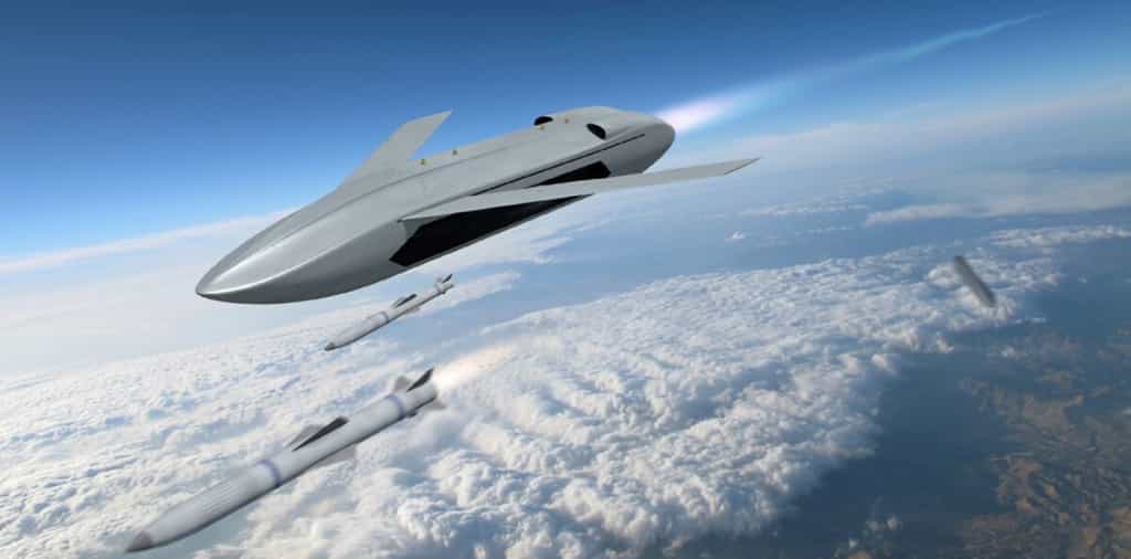 Le concept de drone LongShot pourrait être largué d’un chasseur ou d’un bombardier et aller au plus près de sa cible pour tirer ses missiles air-air. © Darpa