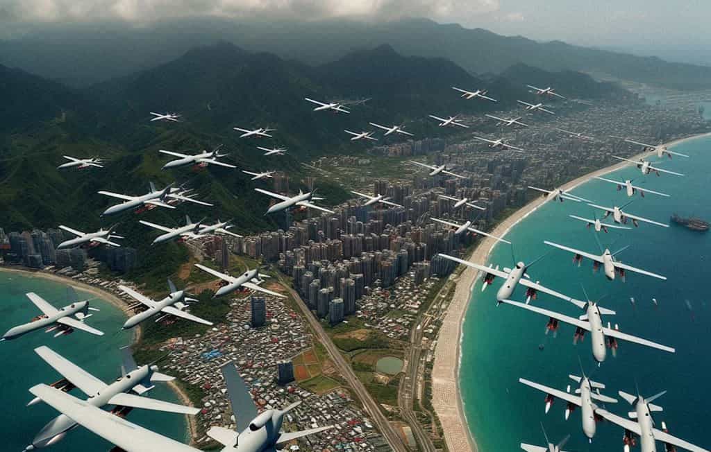 Une armée de 1000 drones suicides pour affaiblir les forces chinoises en cas de tentative de débarquement. © SB, Microsoft Designer