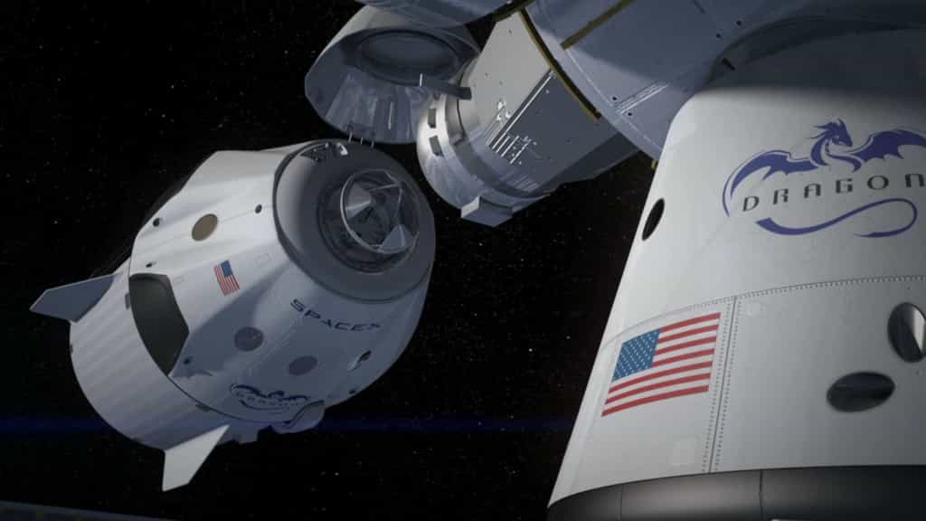 SpaceX abandonne l'idée de faire atterrir sa capsule Dragon avec des rétrofusées. Ici, une image de synthèse de la version habitée de la capsule Dragon V2, en approche de l'ISS. © SpaceX