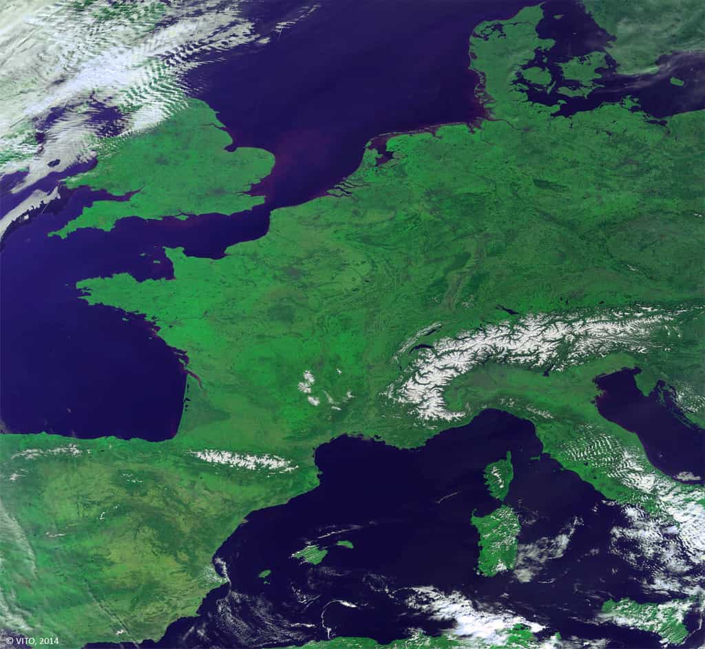 La partie occidentale de l'Europe sans nuage. Cette photo a été acquise le 9 mars par le petit satellite Proba-V de l'Agence spatiale européenne. © Esa/Vito