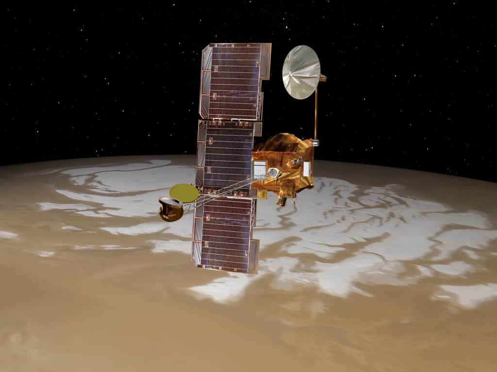 La sonde Mars Odyssey a un aspect caractéristique, avec son mât de six mètres à l'extrémité duquel se trouve le spectromètre gamma de la sonde. Un nouveau changement de son orbite est en cours, et sera finalisé en novembre 2015. © Nasa, JPL