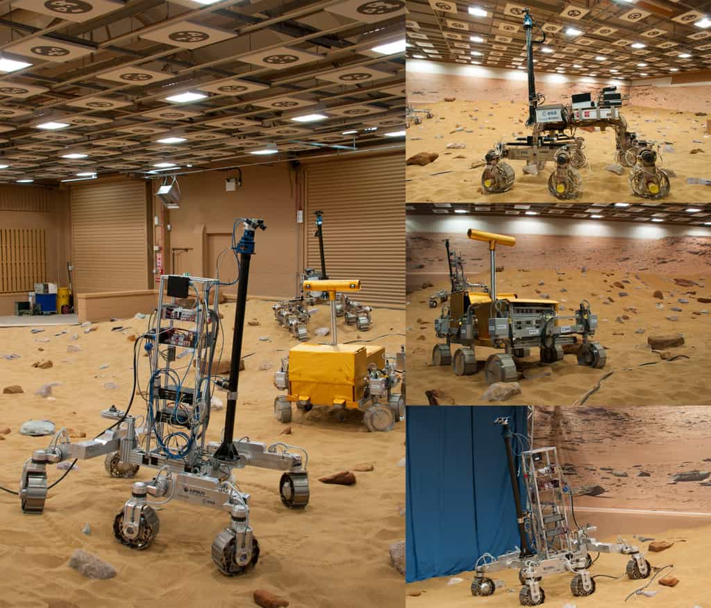 À droite, les trois concepts de d'Airbus Espace qui préparent la réalisation du futur rover de la mission ExoMars 2018. Bruno est en haut, Bridget au centre (aux prises avec un caillou qu'il franchira aisément) et Bryan en bas, ainsi que sur la vue de gauche. © Rémy Decourt