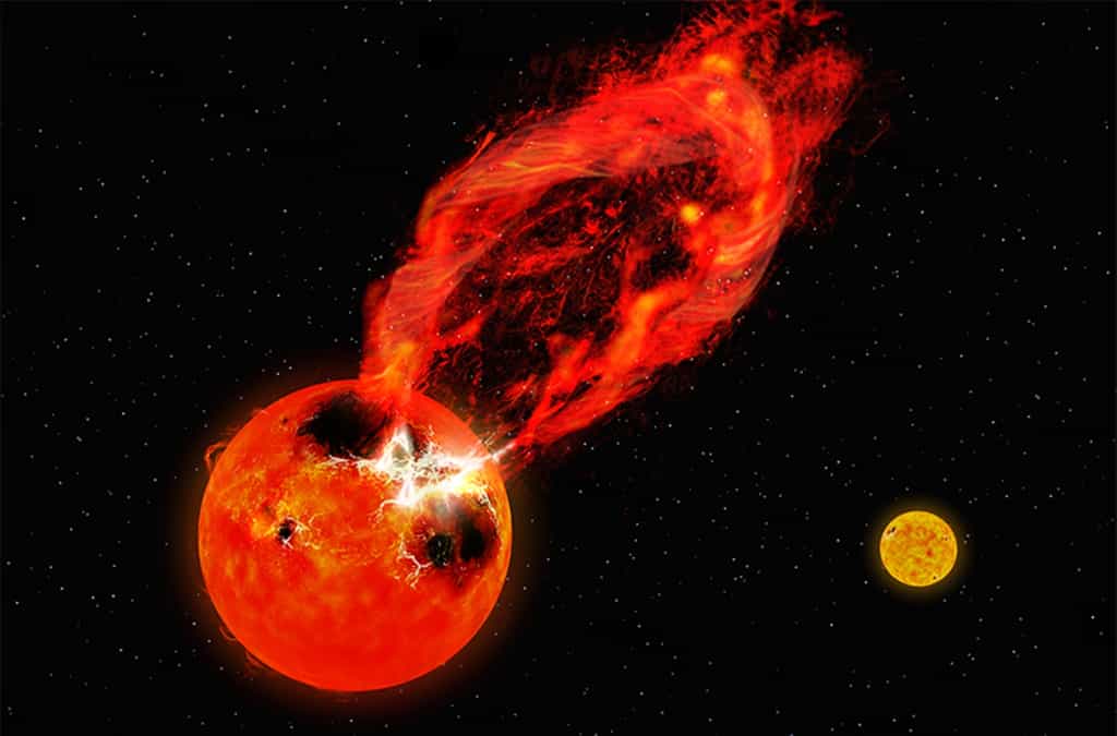 Vue d'artiste de la super-éruption observée sur l'une des étoiles du système d'étoiles binaires V1355 Orionis. L'étoile compagne binaire est visible en arrière-plan à droite. © NAOJ