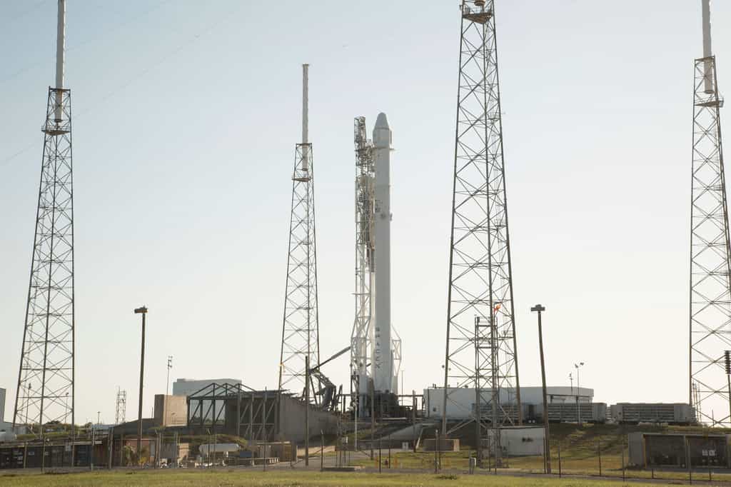 Après l'essai statique des moteurs de son premier étage, le lanceur Falcon 9 de SpaceX se tient prêt au décollage sur son pas de tir de Cap Canaveral en Floride. © SpaceX