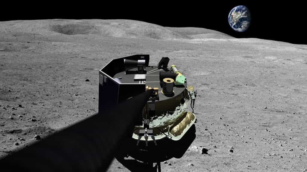 Vue d'artiste de l'atterrisseur MX-1 de la société Moon Express posé sur la surface de la Lune et prenant un selfie. © Moon Express