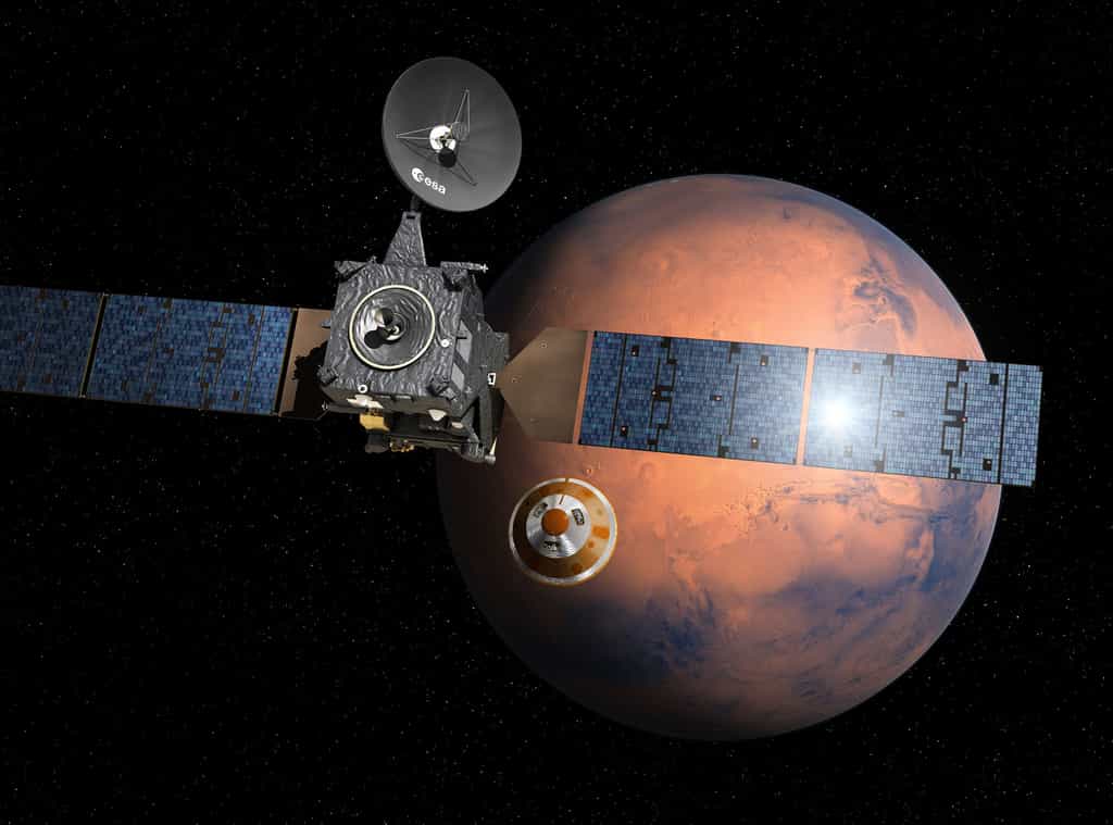 Mercredi 19 octobre,&nbsp;la mission ExoMars 2016,&nbsp;de l'Agence spatiale européenne, sera au plus proche de la Planète rouge :&nbsp;la&nbsp;capsule&nbsp;Schiaparelli atterrira à sa surface et le&nbsp;satellite TGO&nbsp;s'insérera dans l'orbite de Mars&nbsp;pour&nbsp;étudier&nbsp;son&nbsp;atmosphère. © ESA, D. Ducros