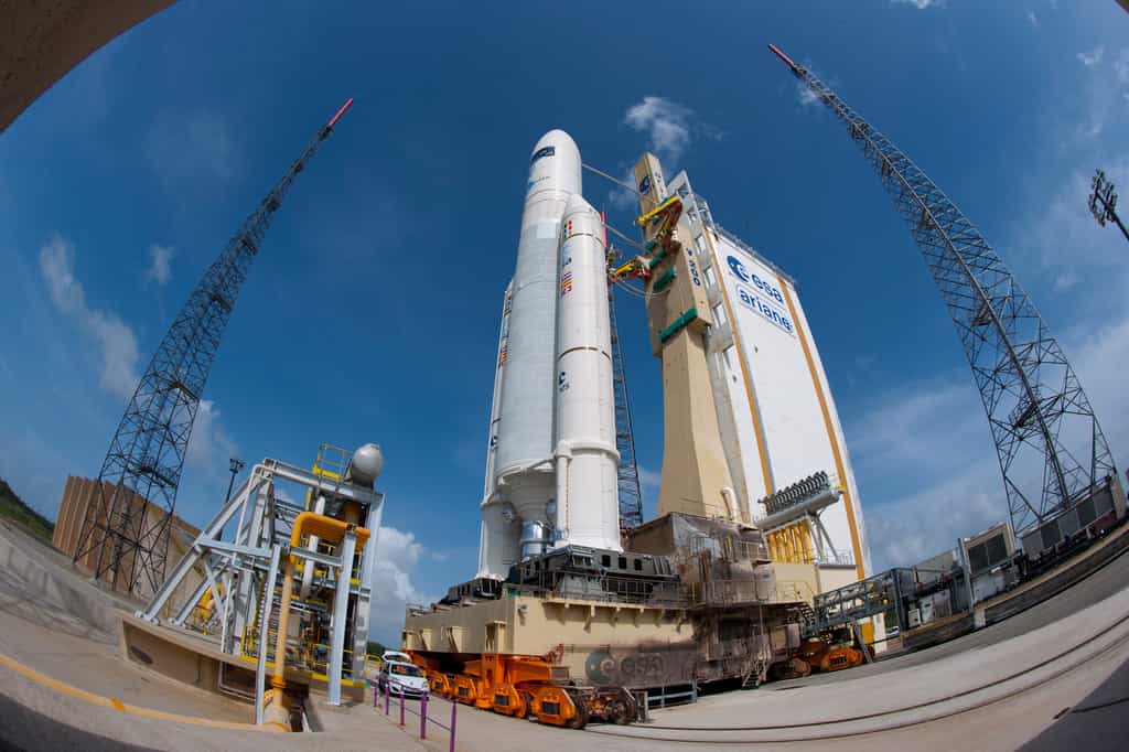 Lors de son lancement prévu ce soir, Ariane 5 devrait battre un nouveau record de performance. © ESA, Cnes, Arianespace, Service Optique du CSG