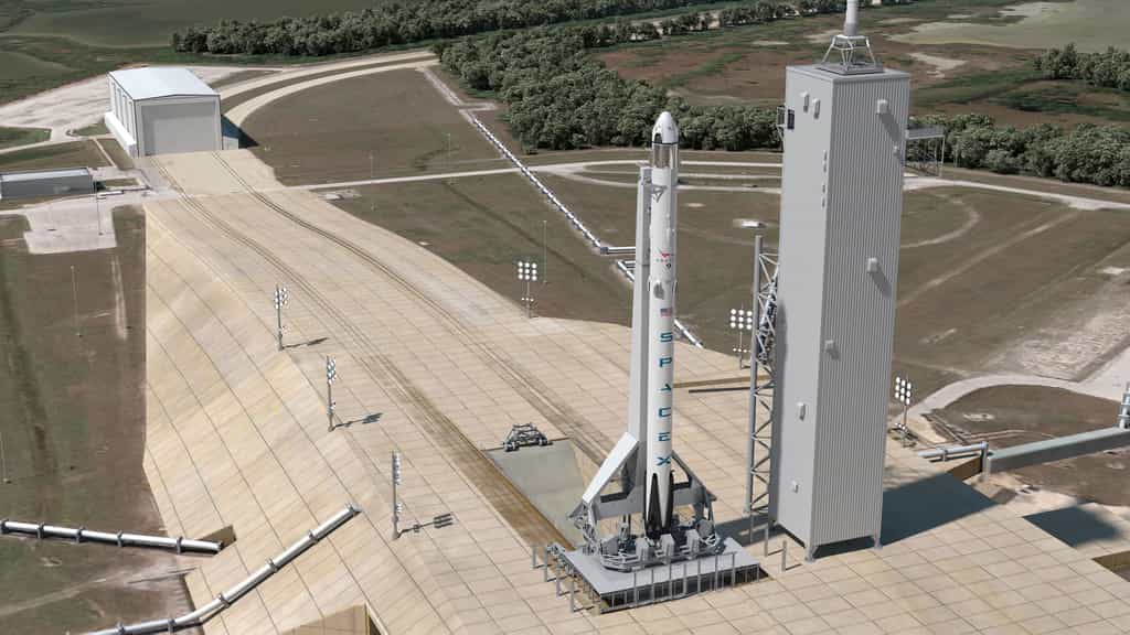 La version habitée du système de lancement Falcon 9 de SpaceX dont un important essai d’éjection d’urgence de la capsule est prévu cette année. © SpaceX