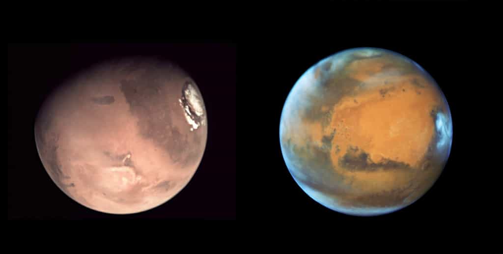 Ces deux clichés de la planète Mars permettent de se rendre compte de la faible résolution de la caméra VMC de Mars Express. Ces deux images ont été acquises en mai 2016. Celle de droite par la sonde Mars Express à plusieurs centaines de kilomètres et celle de gauche par le télescope spatiale Hubble alors situé à près de 76 millions de kilomètres ! © Esa, Nasa