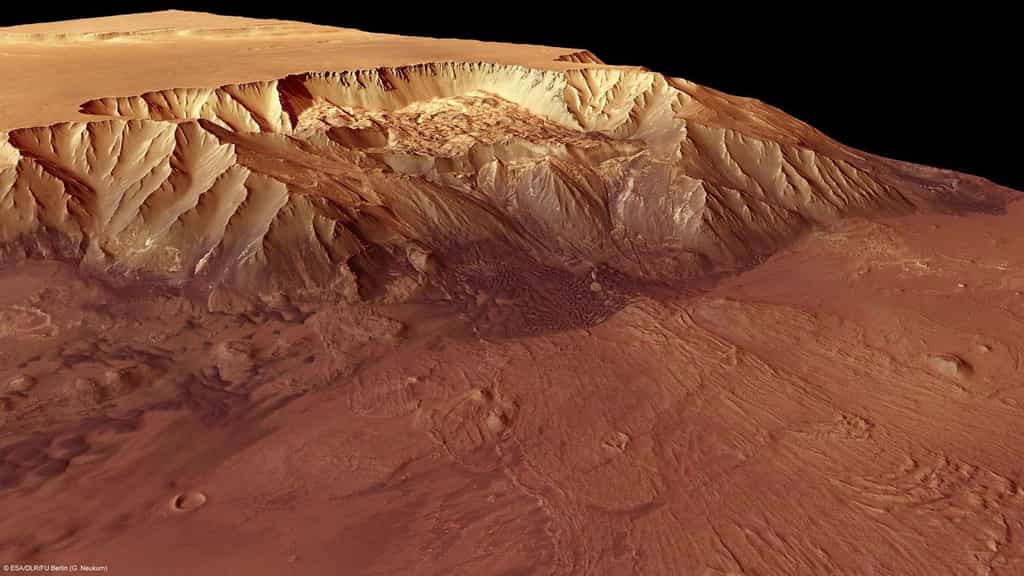 À 9 km sous le niveau moyen de la surface de Mars, Melas Chasma est sans doute le canyon le plus profond de la planète. C'est aussi un des sites d'atterrissage envisagés pour une mission humaine car il présente plusieurs intérêts. © Esa/DLR/FU Berlin/G. Neukum