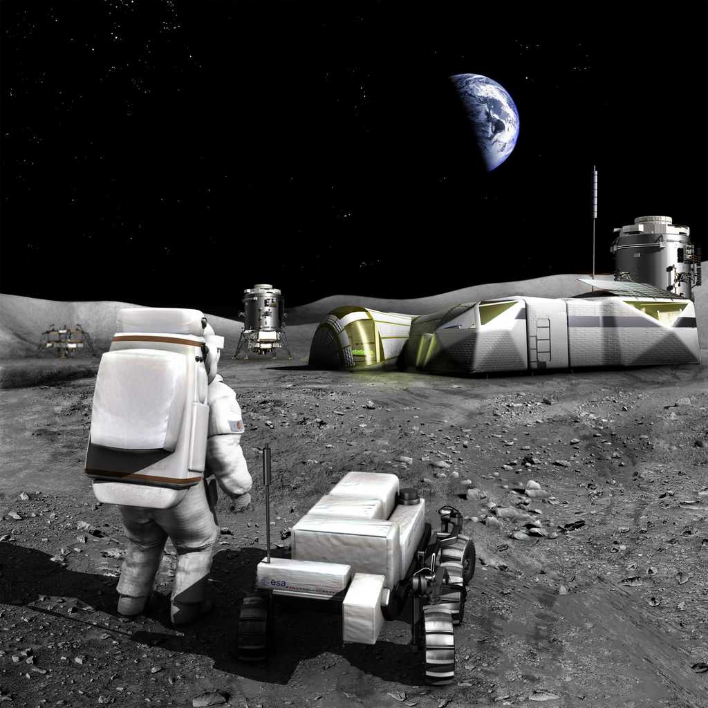 Un des scénarios envisagés par l'Agence spatiale européenne, en 2006, de ce qu'aurait pu être l'exploration robotique et humaine de la Lune. © Esa, Medialab