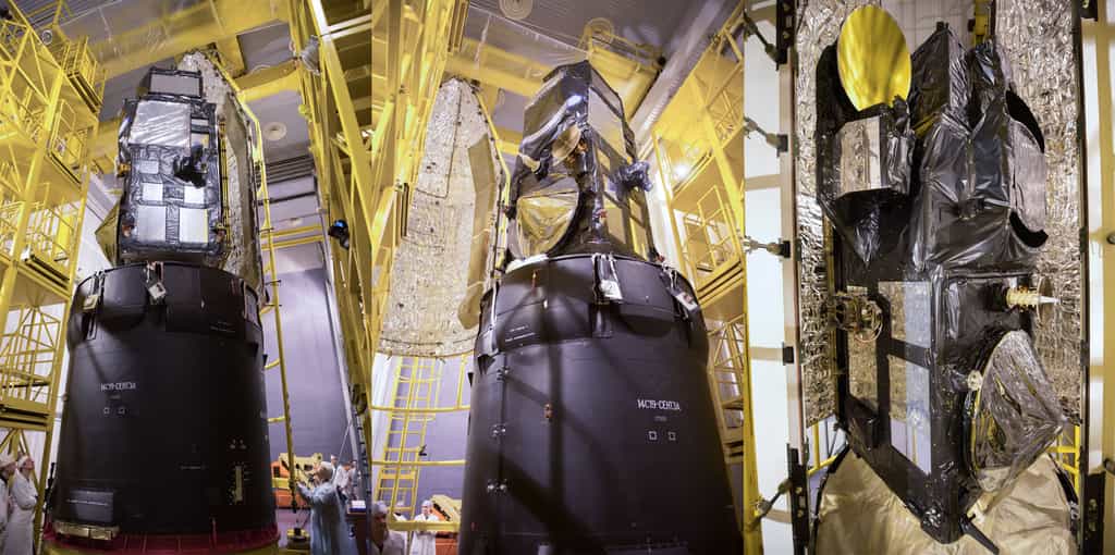 Le satellite Sentinel 3A sera lancé demain et servira notamment à étudier les océans. Il est ici photographié lors de la mise sous coiffe du lanceur Rockot. © Esa, S. Corvaja