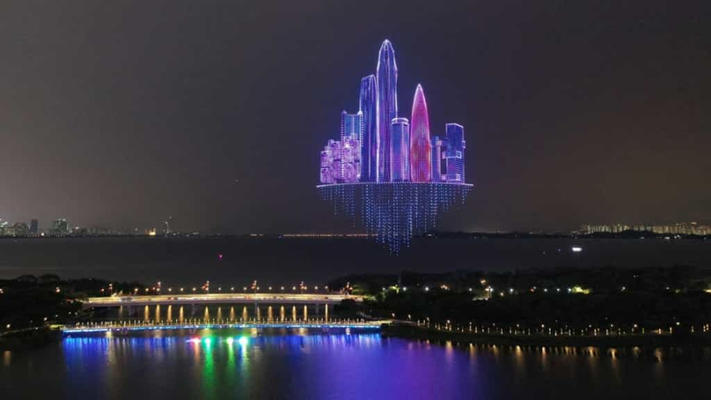 Une des images créées avec un essaim de drones lumineux pour célébrer la fête nationale chinoise. © Shenzhen Municipal Bureau of Culture, Sports, Tourism, Radio and Television