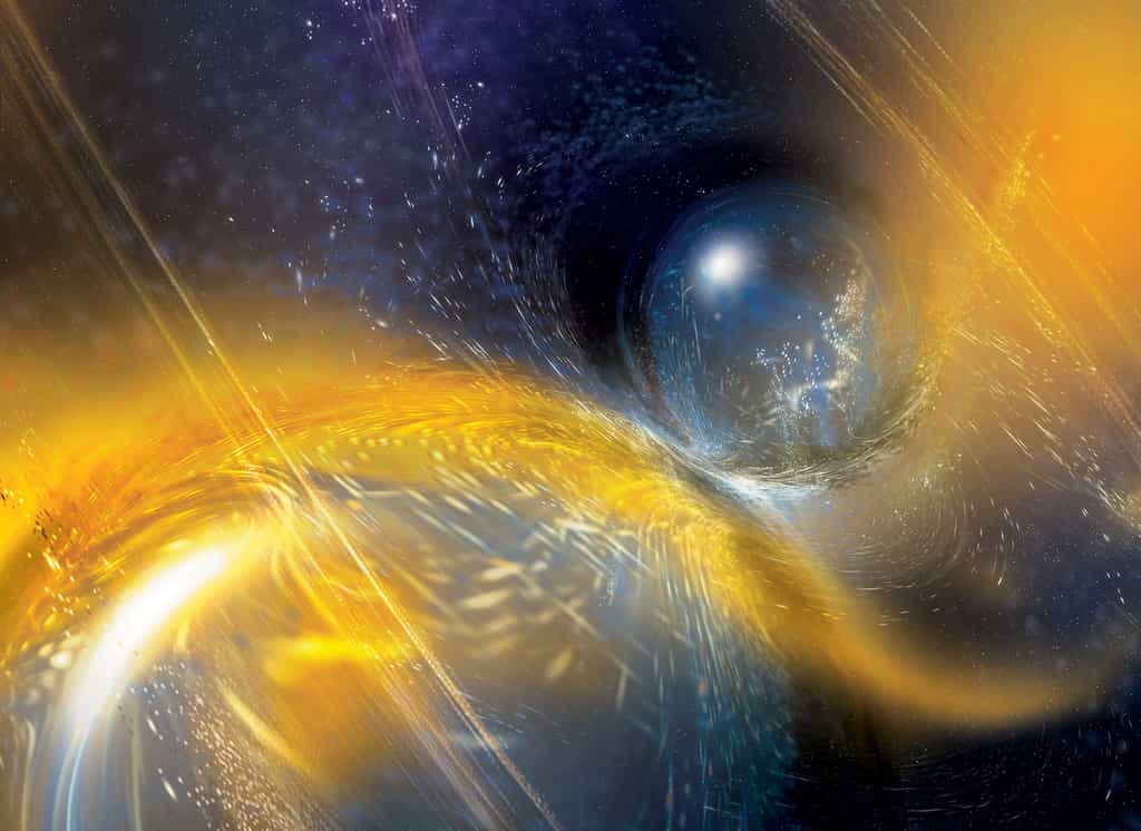 Une vue d'artiste d'une fusion d'étoiles à neutrons que l'on pense être à l'origine de la source d'ondes gravitationnelles appelée GWB190425. © A. Simonnet, National Science Foundation Ligo Sonoma State University