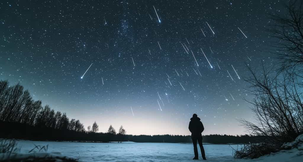 En cette année 2024, le maximum des Géminides coïncide presque avec la pleine Lune. Illustration générée à l'aide d'une IA. © tantawat, Adobe Stock