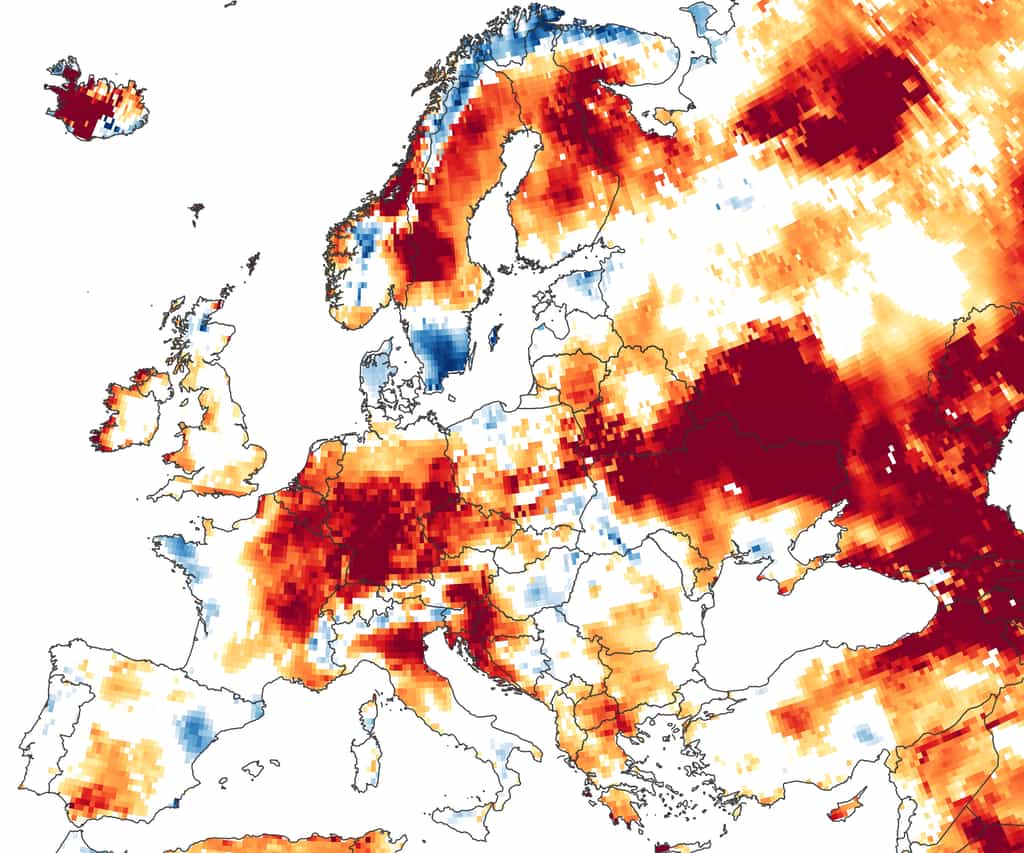Sur cette carte réalisée à partir des données acquises par les satellites Grace-FO, la sécheresse est déjà bien installée dans une grande partie de l'Europe dés le début de l'été 2020, le 22 juin. L'hiver et le printemps ont particulièrement été doux et secs. © Nasa Earth Observatory